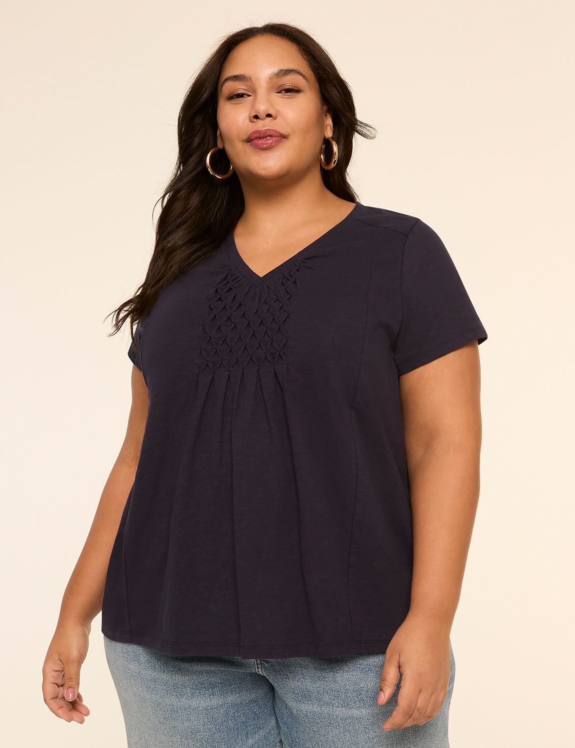 Short-Sleeve V-Neck Smocked Top