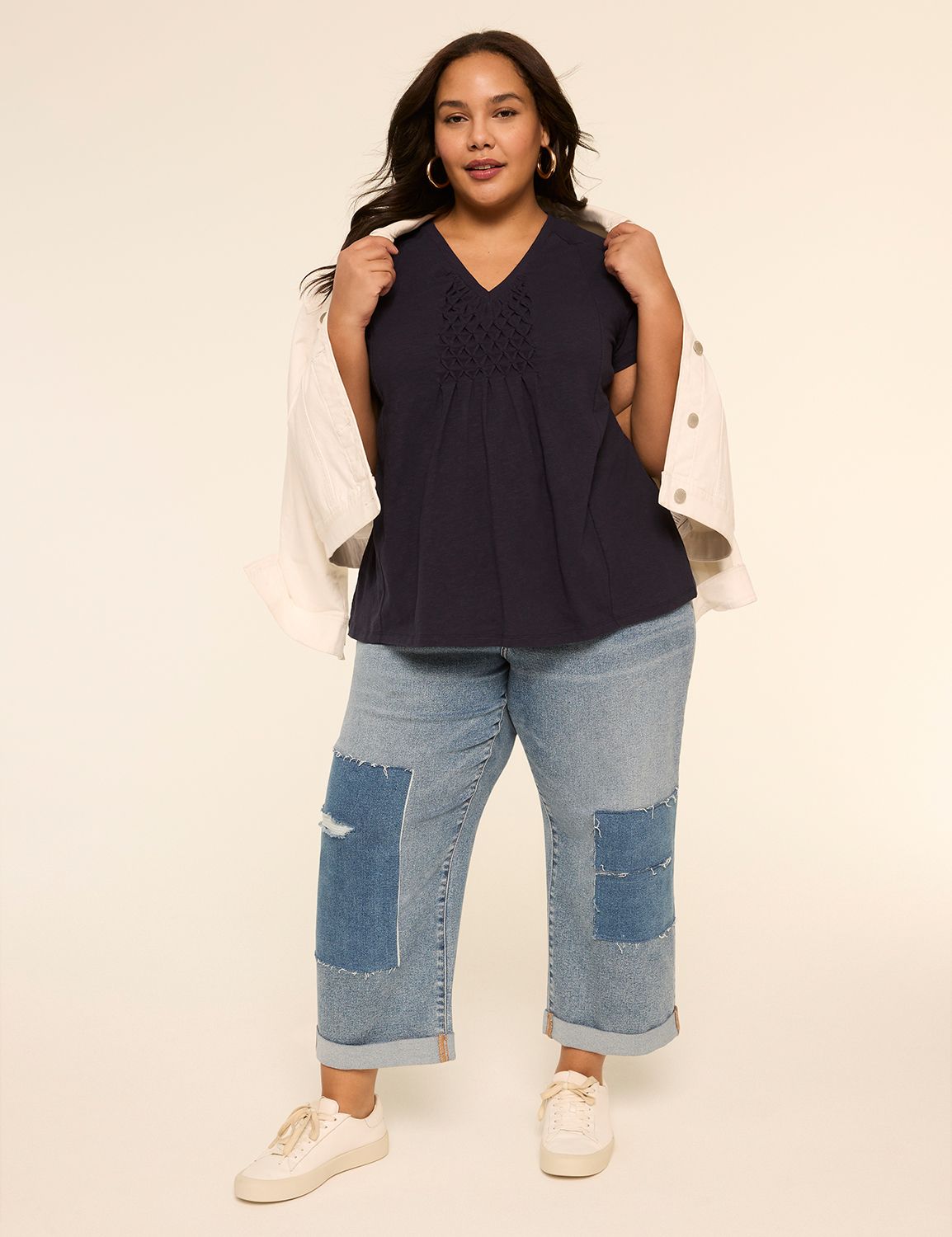Short Sleeve V Neck Smocked Front T Product Image 3