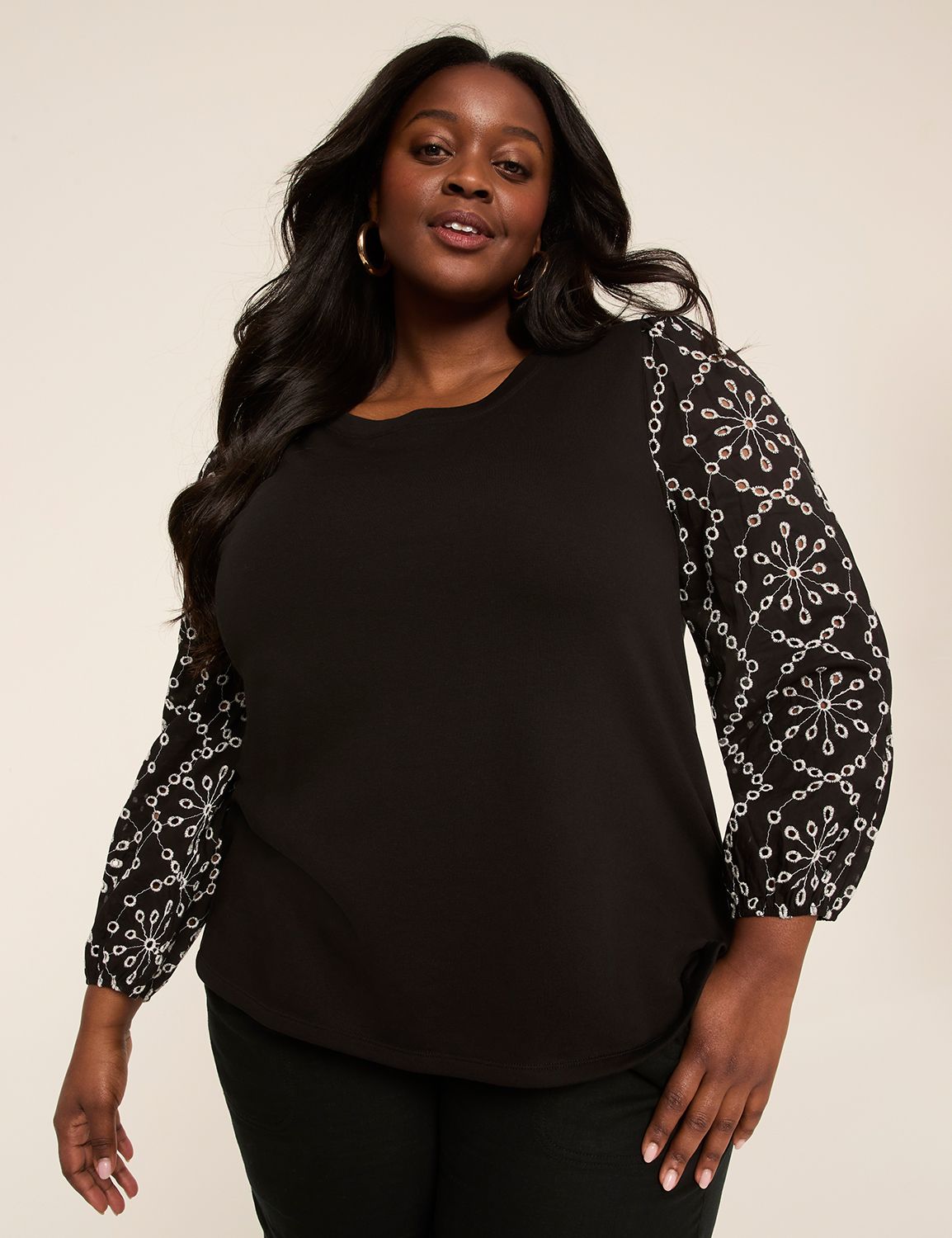 Long-Sleeve Eyelet Crew-Neck Top