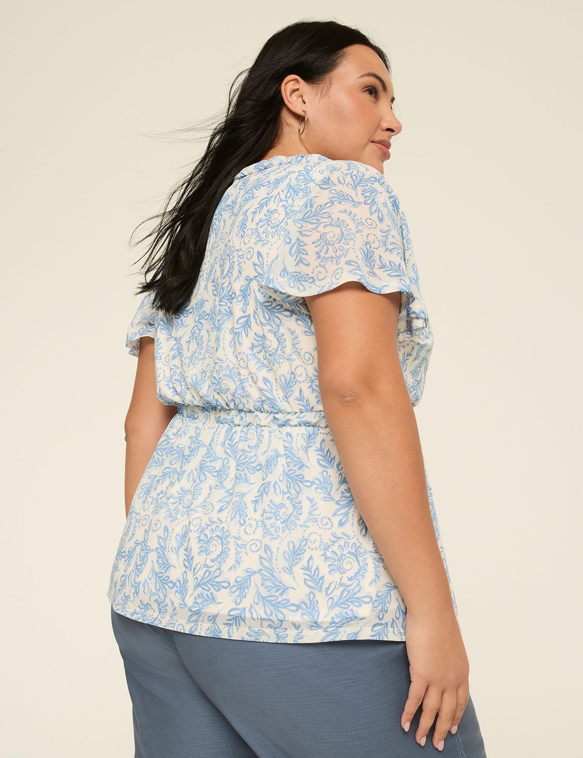 Short Flutter Sleeve V-Neck Shirred Top