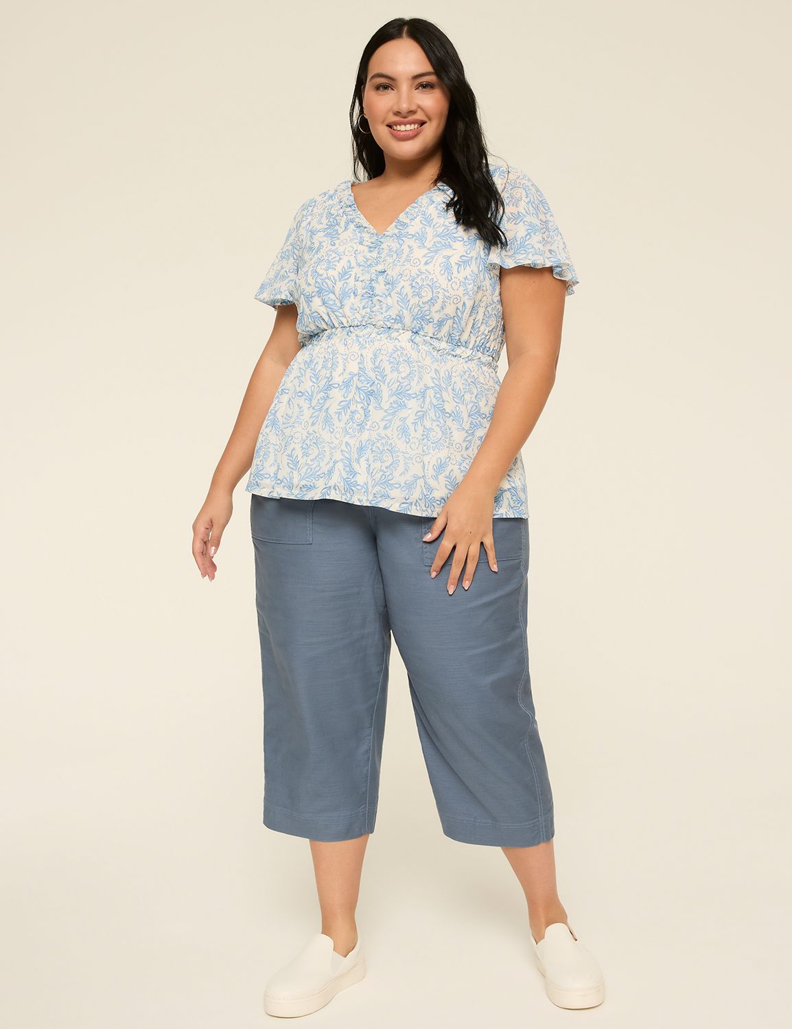 Short Flutter Sleeve V Neck Shirred Product Image 3