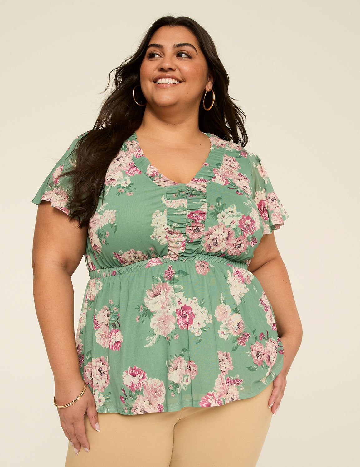 Short Flutter Sleeve V-Neck Shirred Top