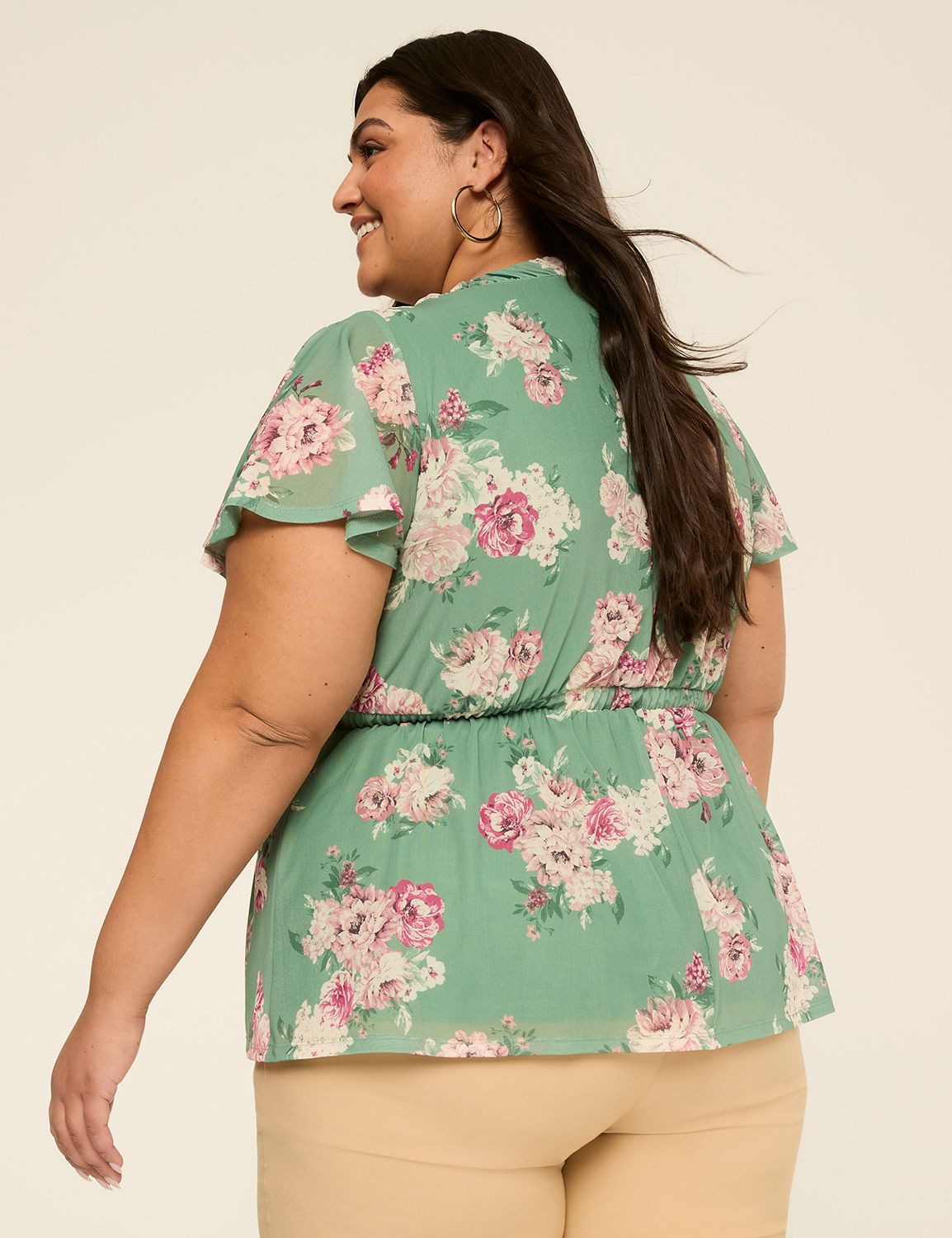 Short Flutter Sleeve V-Neck Shirred Top