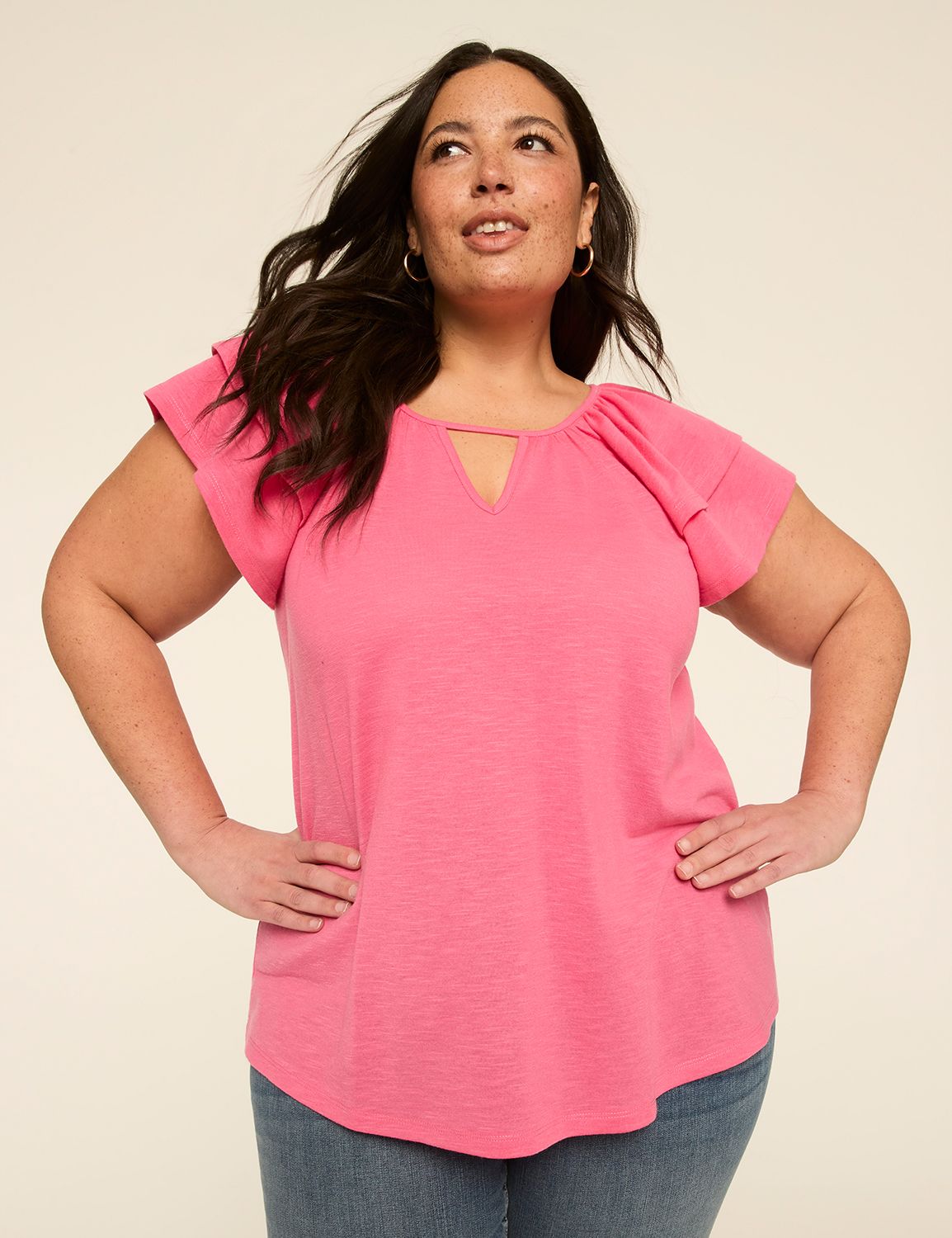 Double Flutter-Sleeve Keyhole Top
