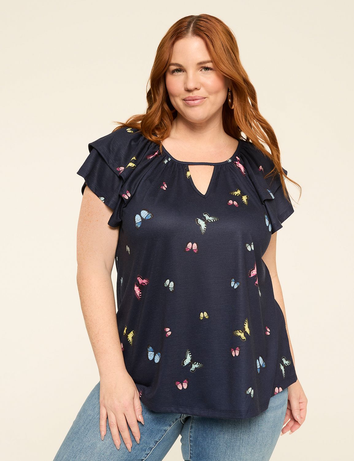 Double Flutter-Sleeve Keyhole Top