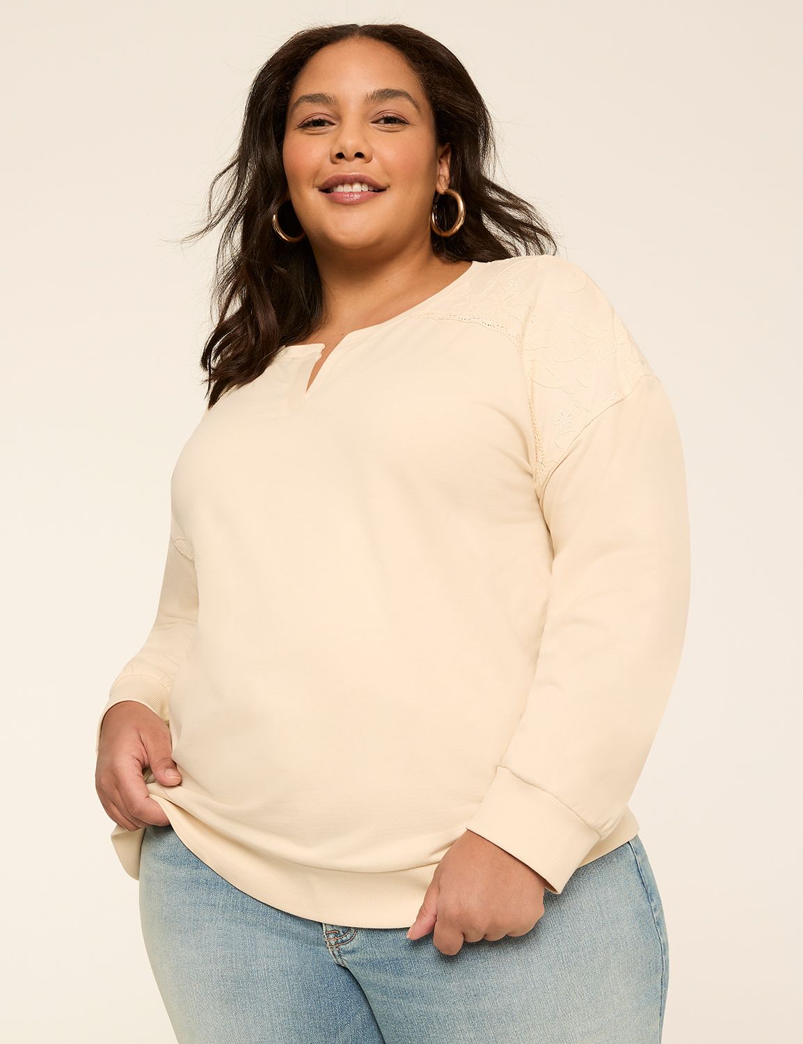 Long-Sleeve Notch-Neck Sweatshirt