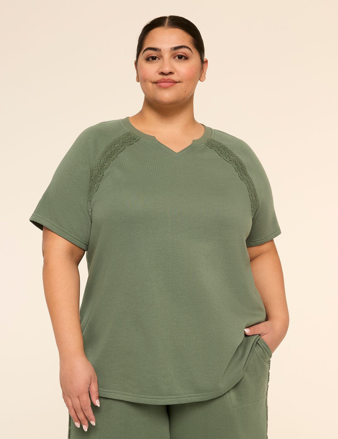 LIVI French Terry Elbow-Sleeve Crochet-Trim Sweatshirt