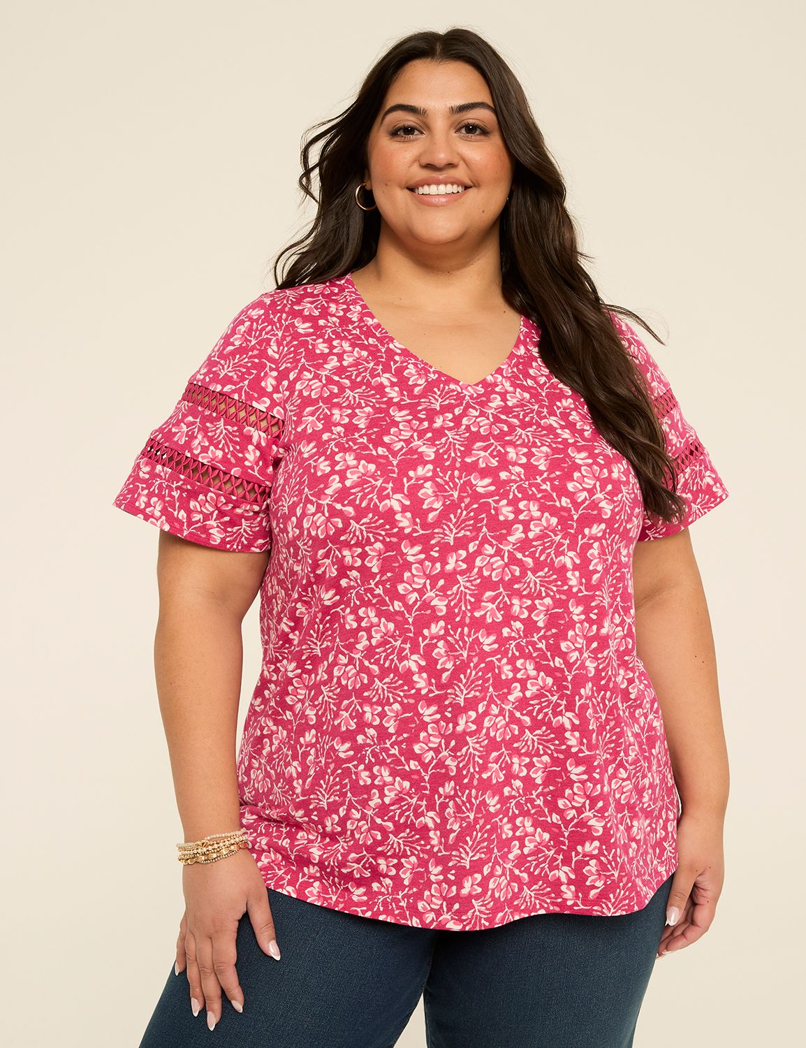 Short-Sleeve V-Neck Crochet Tee