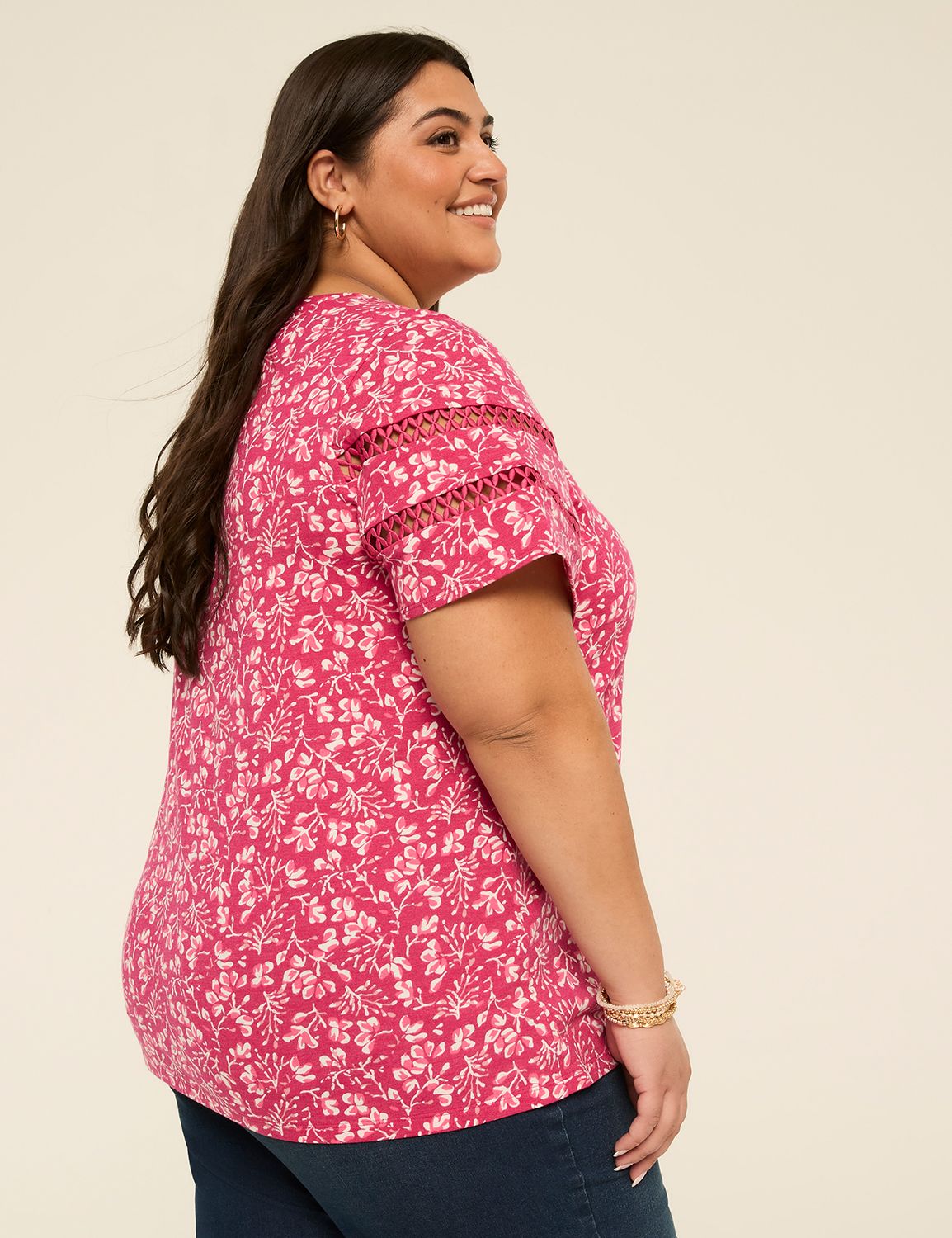 Short-Sleeve V-Neck Crochet Tee