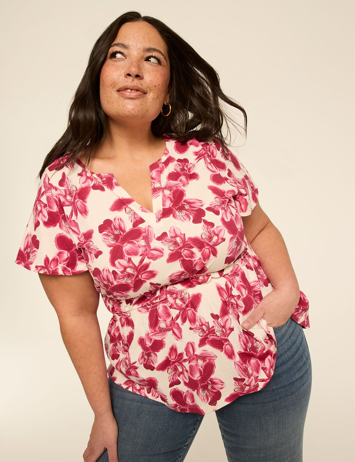 Short-Sleeve Notch-Neck Peplum Top