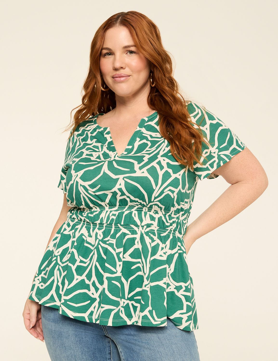 Short-Sleeve Notch-Neck Peplum Top