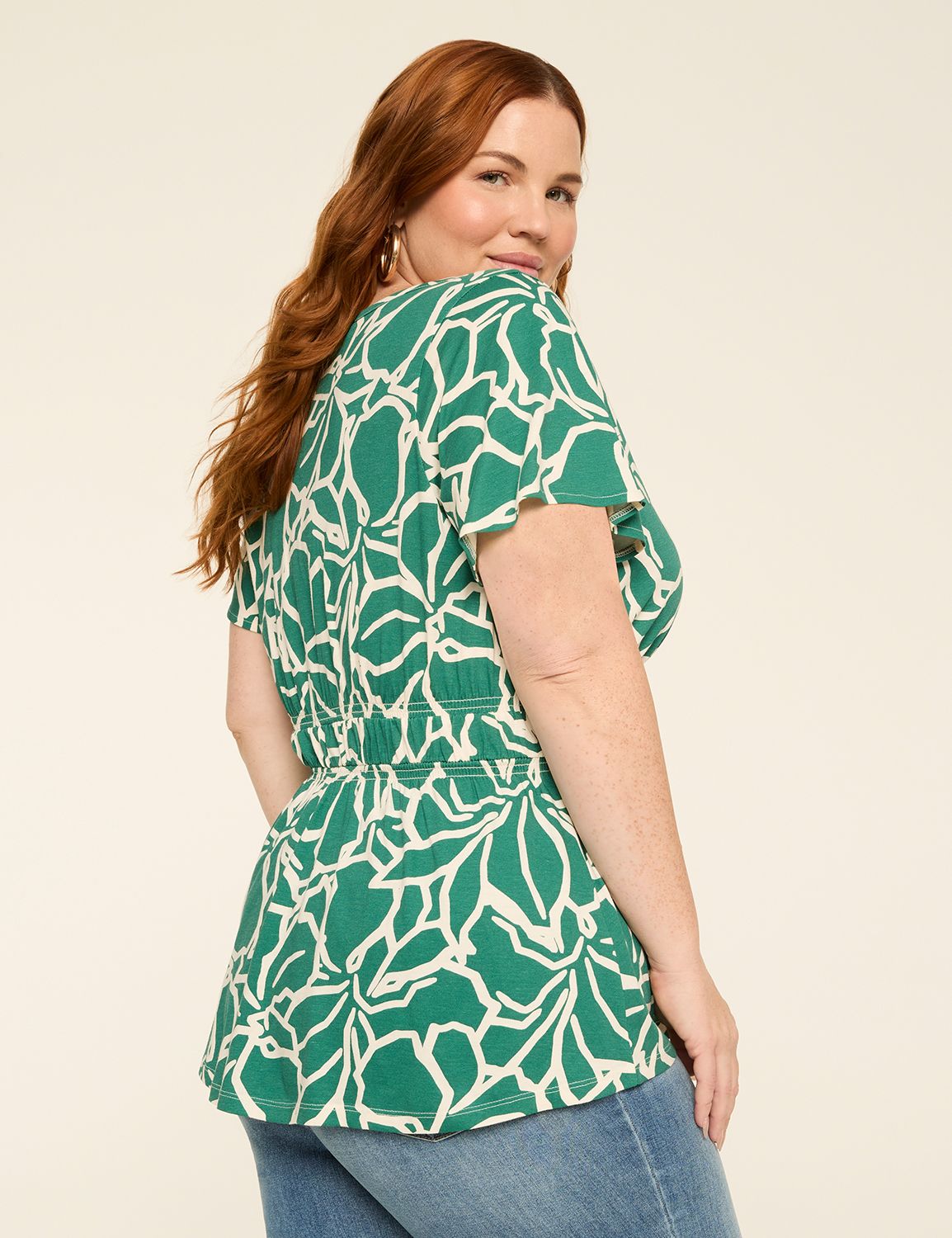 Short-Sleeve Notch-Neck Peplum Top