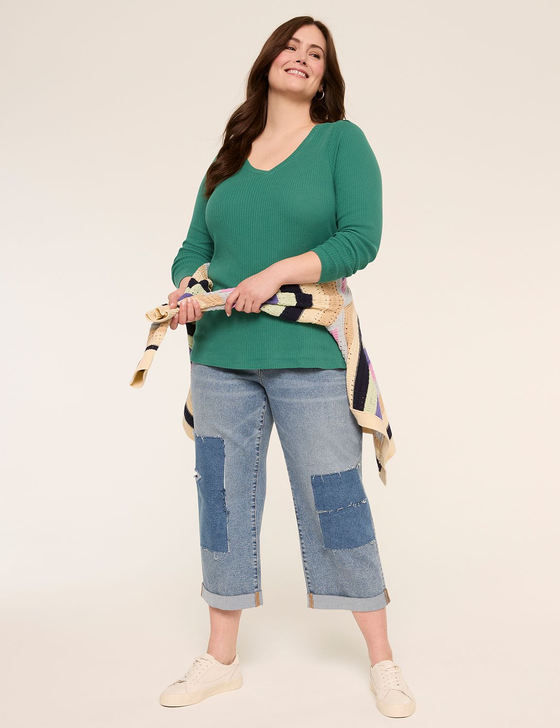 3/4 Puff Sleeve V-Neck Rib Texture Product Image 3