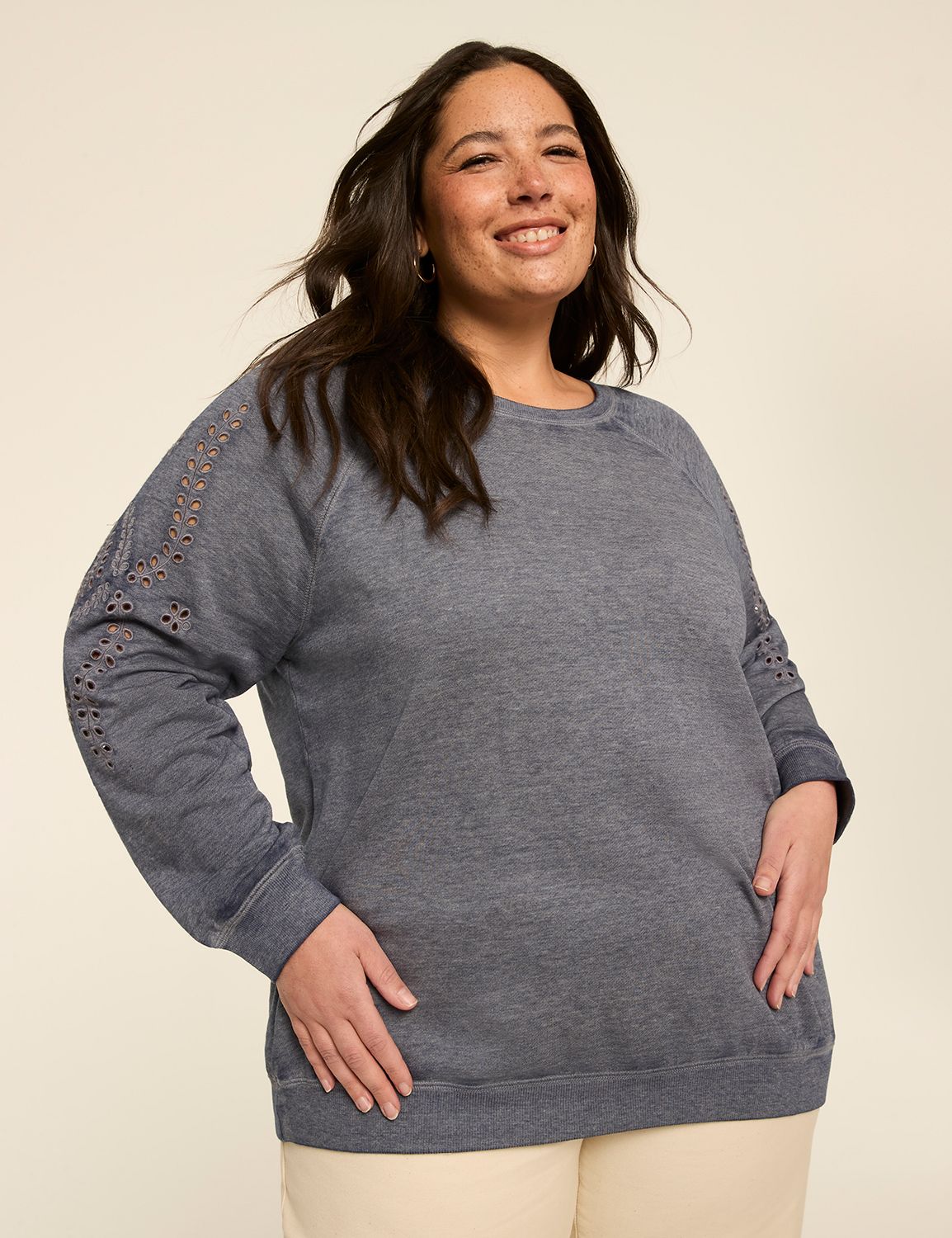 Long Sleeve Crew Neck Raglan Embroi Product Image 1