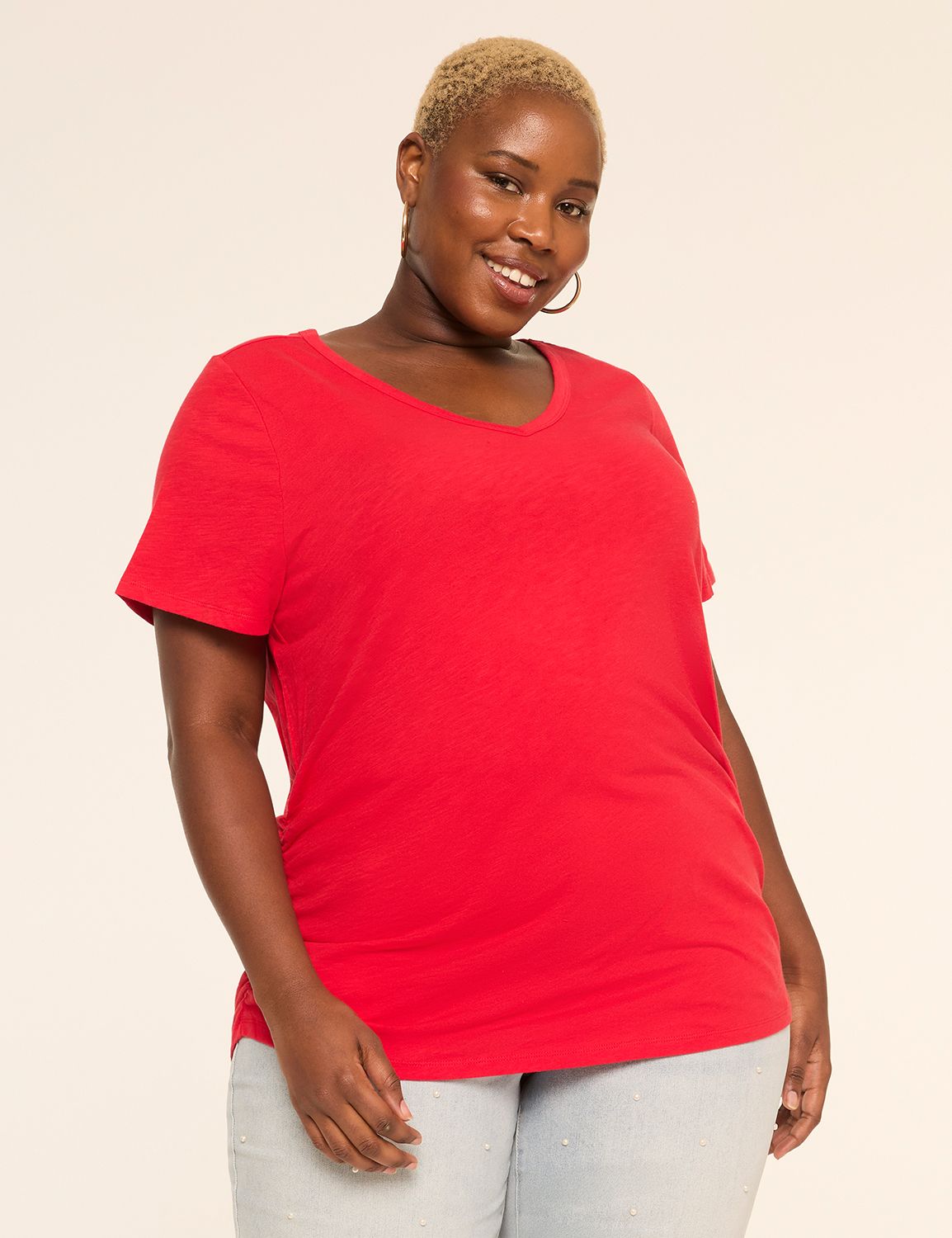 Short-Sleeve V-Neck Side-Ruched Tee