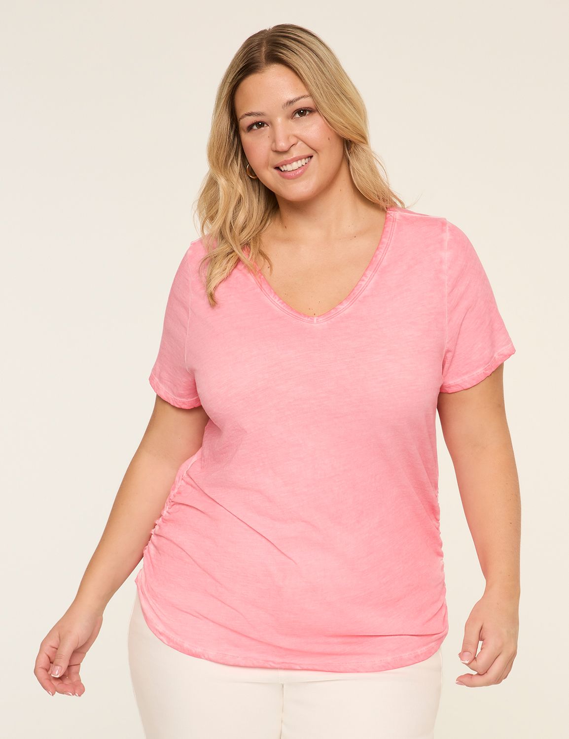 Short-Sleeve V-Neck Side-Ruched Tee