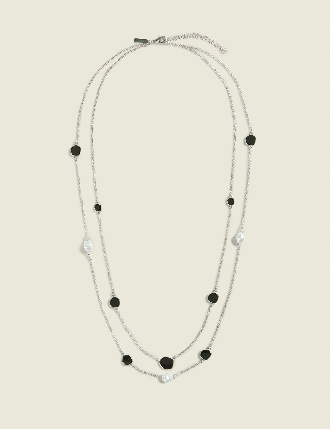 Black Imitation Stone & Pearlized Multi-Row Necklace