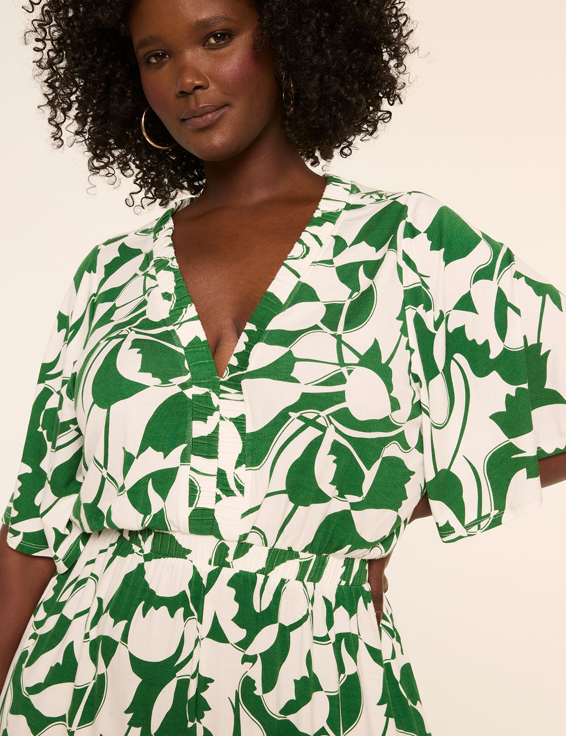 Short Flutter Sleeve V Neck Shirred Product Image 3