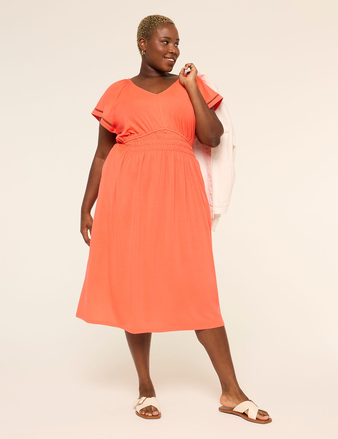 Short-Sleeve V-Neck Smocked Waist Midi Dress