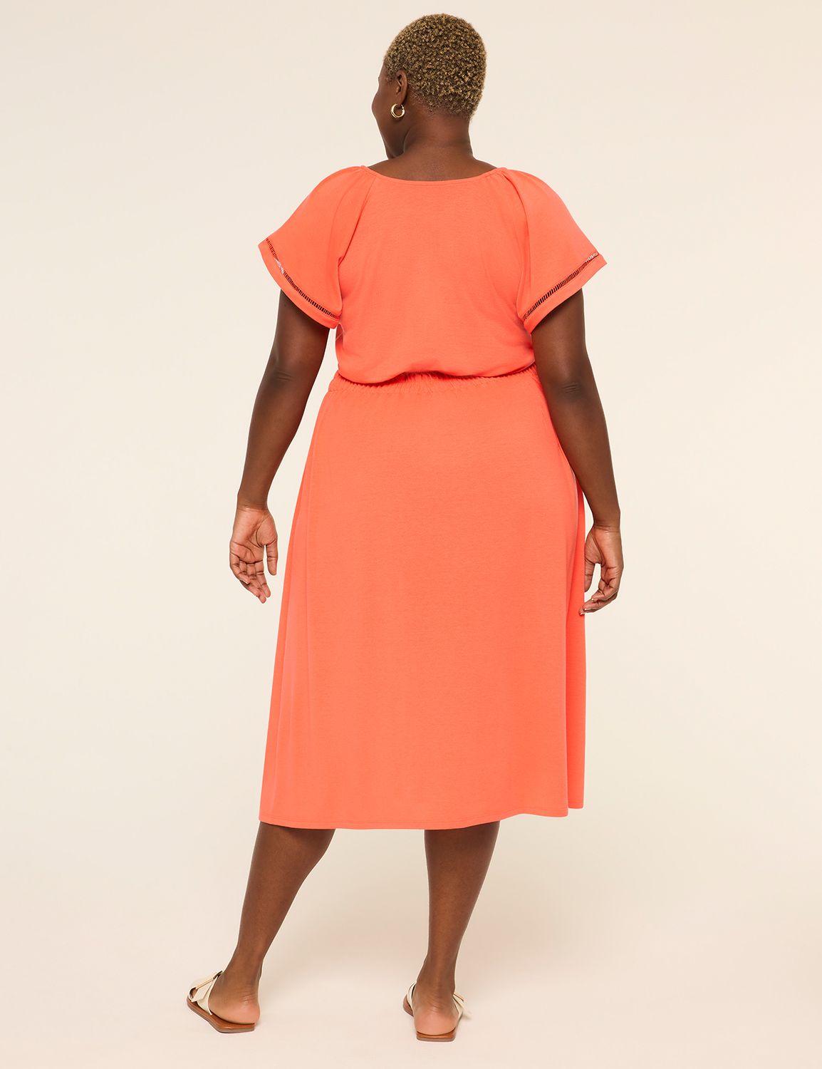 Short-Sleeve V-Neck Smocked Waist Midi Dress