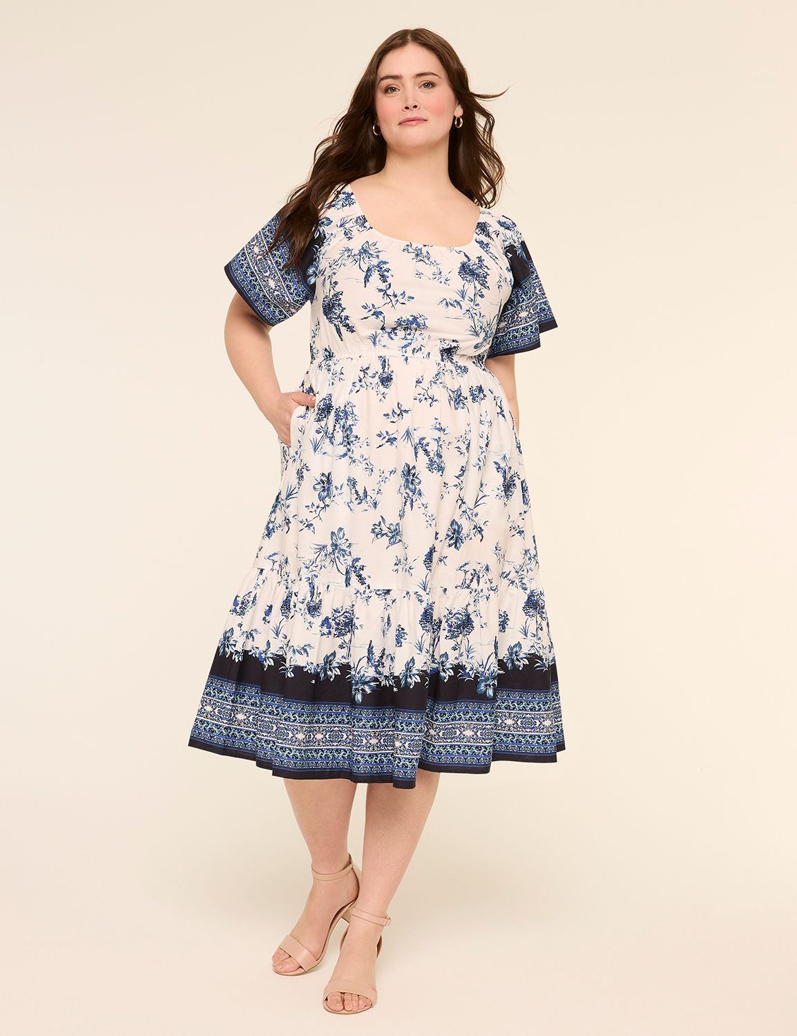 Square-Neck Tiered Midi Dress