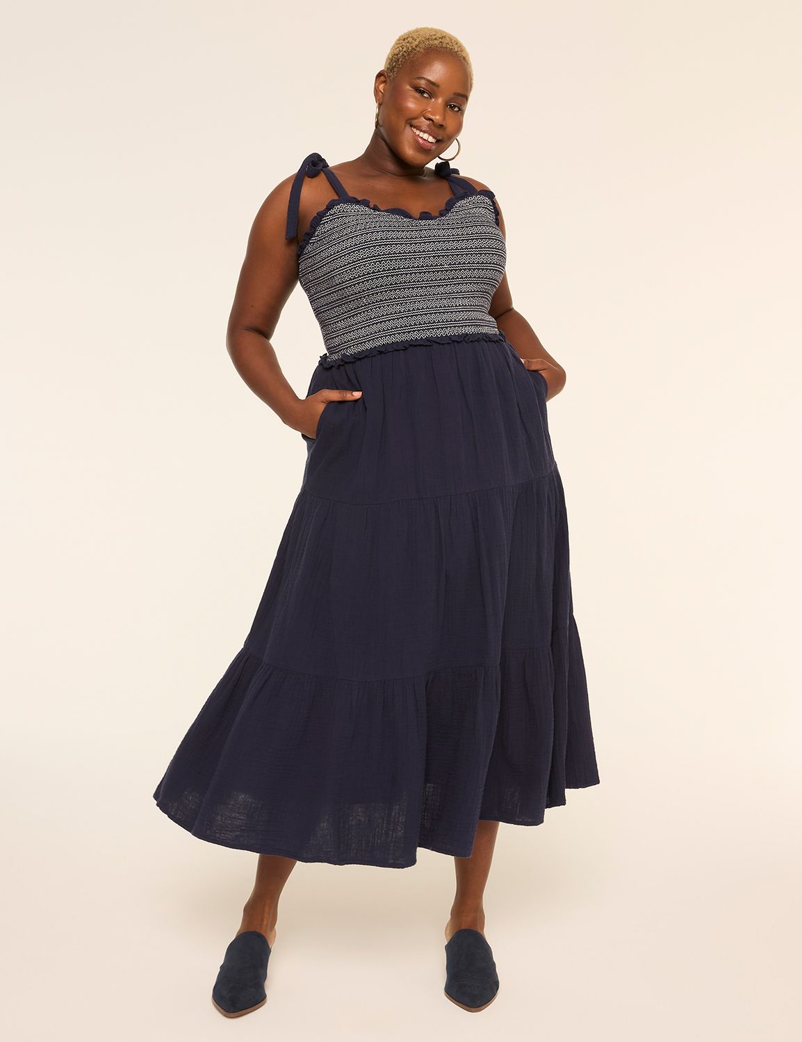 Tie-Strap Smocked-Bodice Maxi Dress