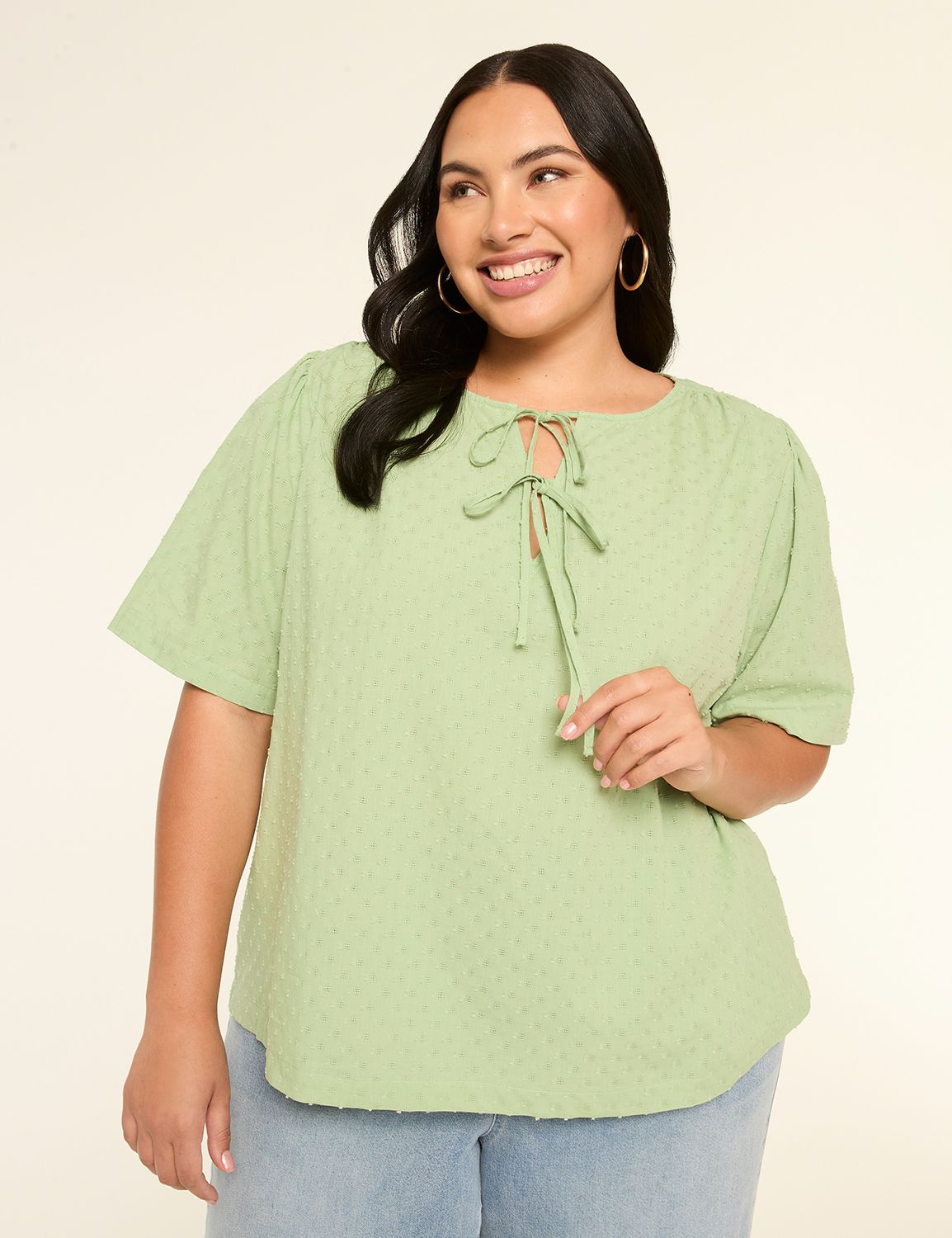 Short-Sleeve Tie-Neck Popover Blouse