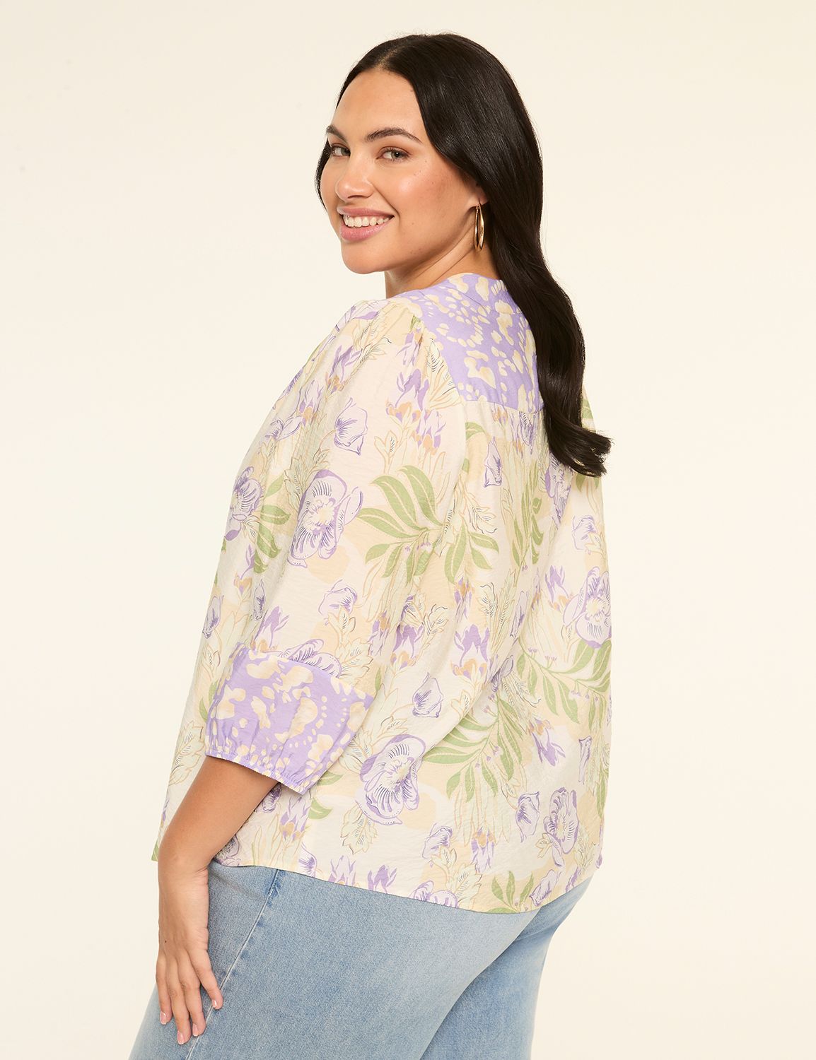 3/4-Sleeve Split-Neck Lace-Up Blouse