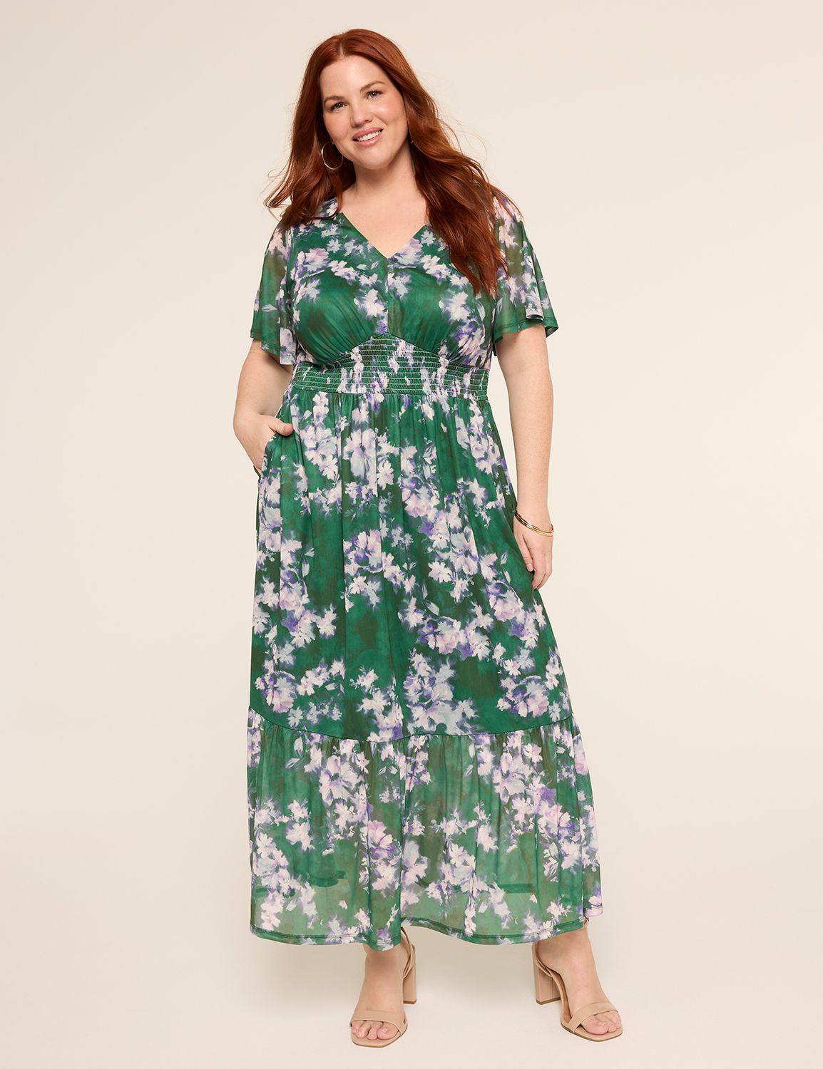 Short-Sleeve V-Neck Smocked Maxi Dress