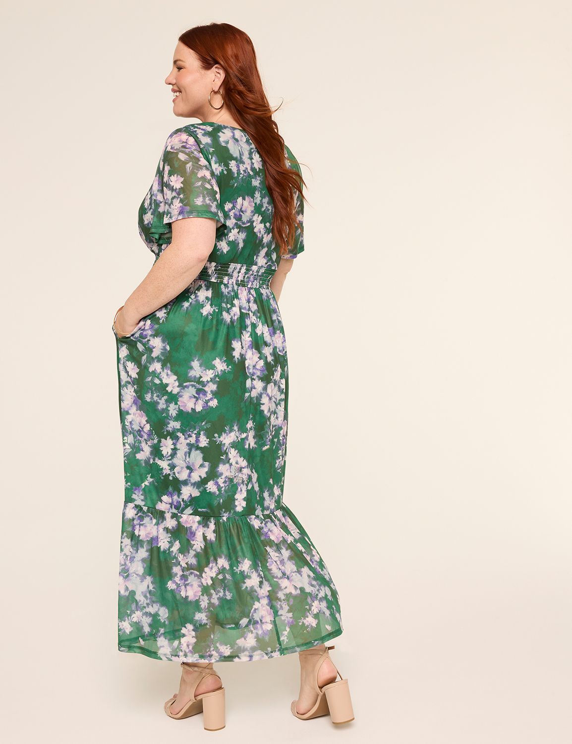 Short-Sleeve V-Neck Smocked Maxi Dress