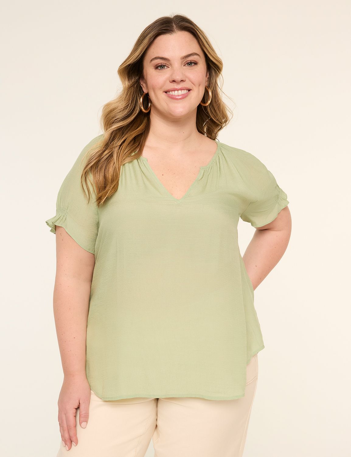 Short-Sleeve Notch-Neck Popover Blouse