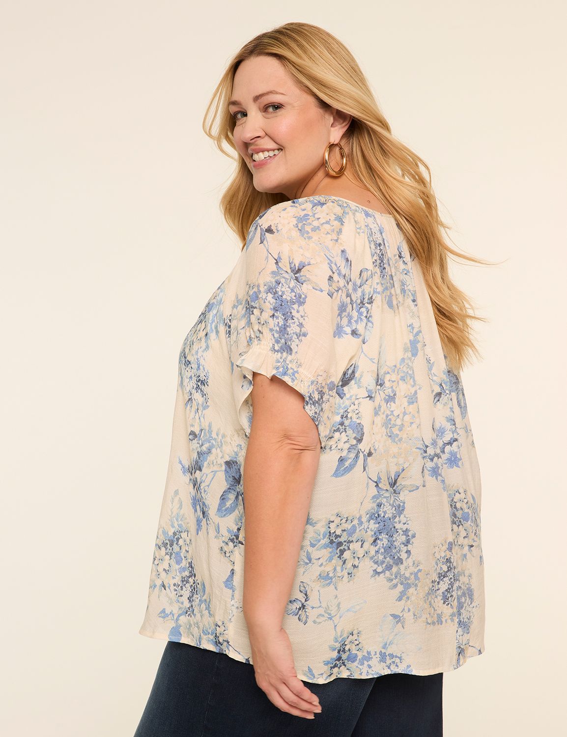 Short-Sleeve Notch-Neck Popover Blouse