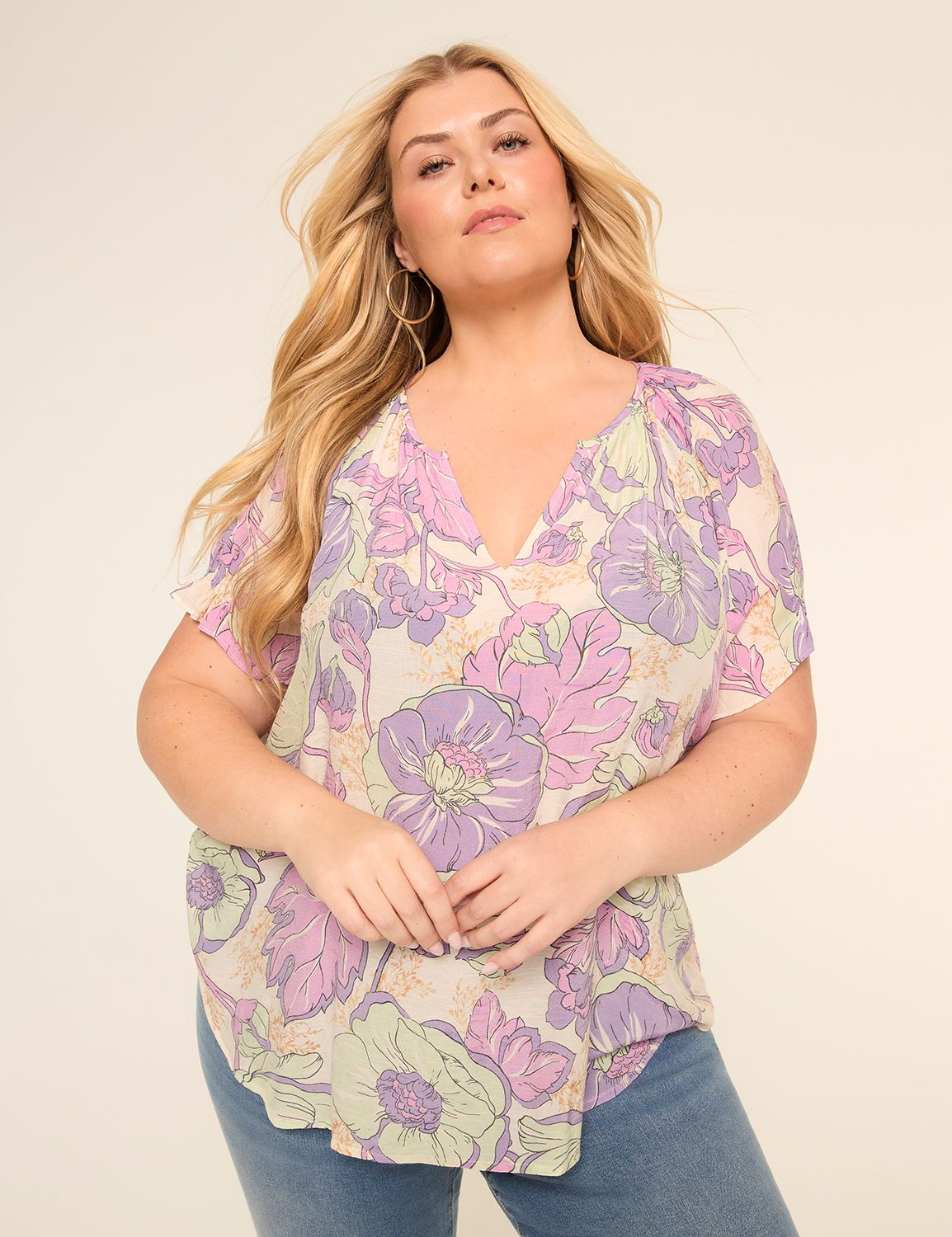 Short-Sleeve Notch-Neck Popover Blouse