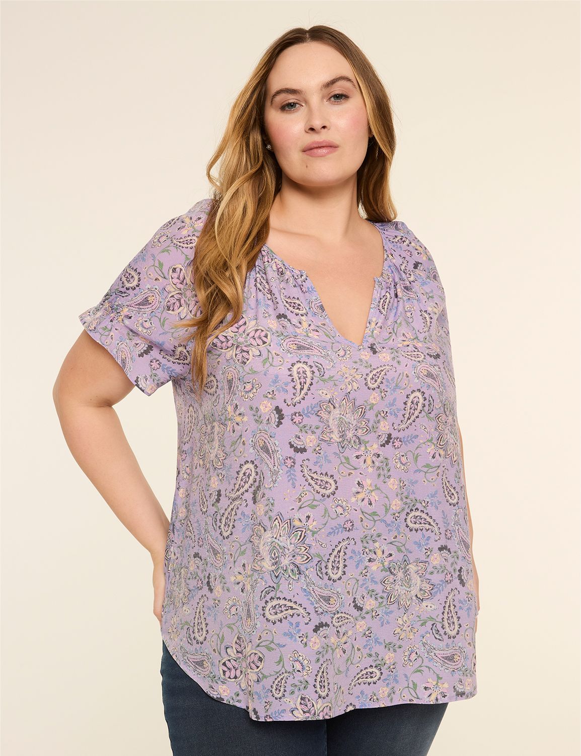 Short-Sleeve Notch-Neck Popover Blouse