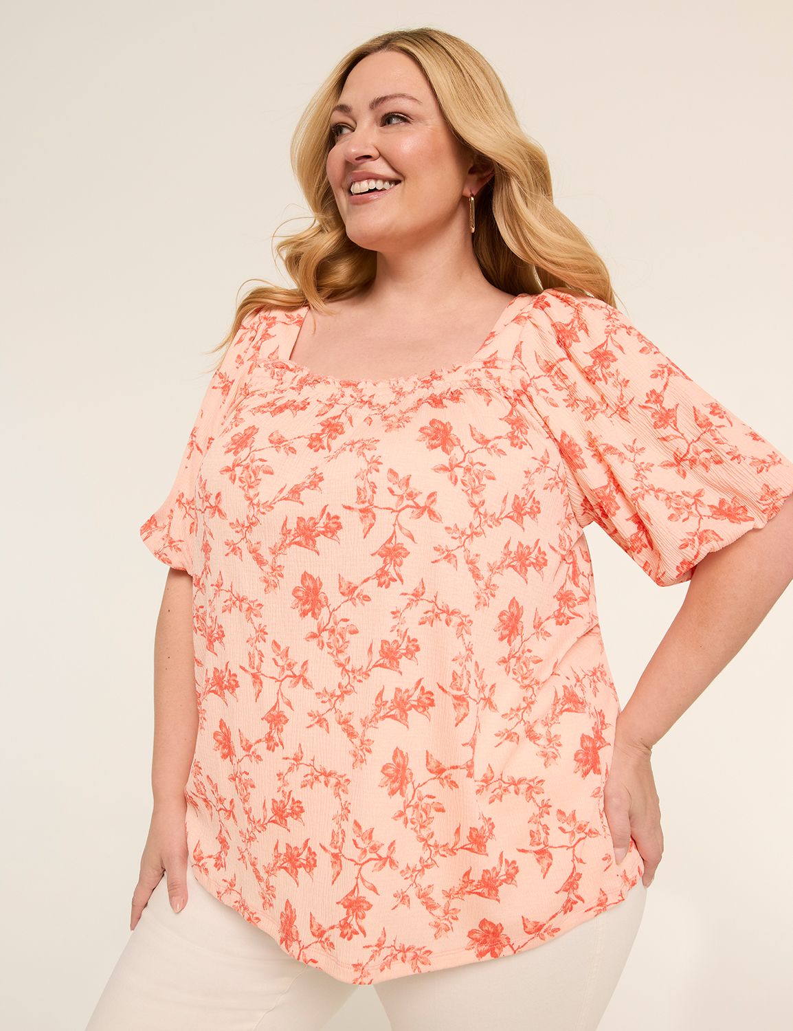 Gauze Bubble-Sleeve Square-Neck Top