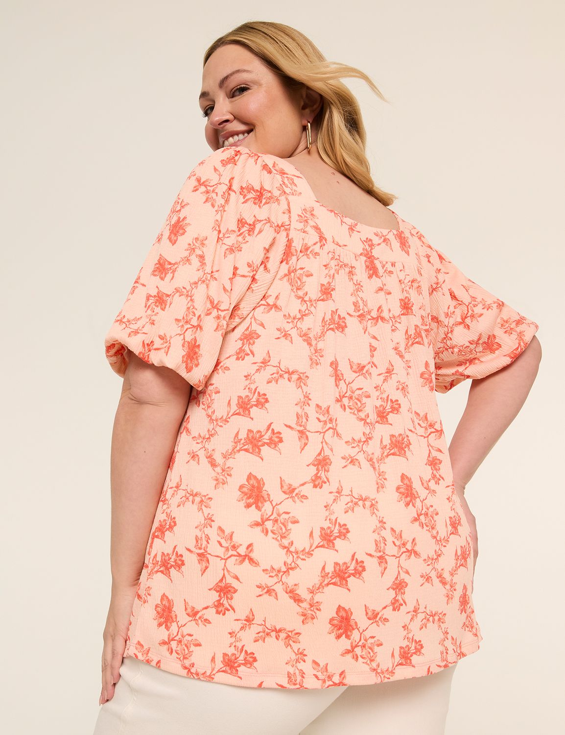 Gauze Bubble-Sleeve Square-Neck Top