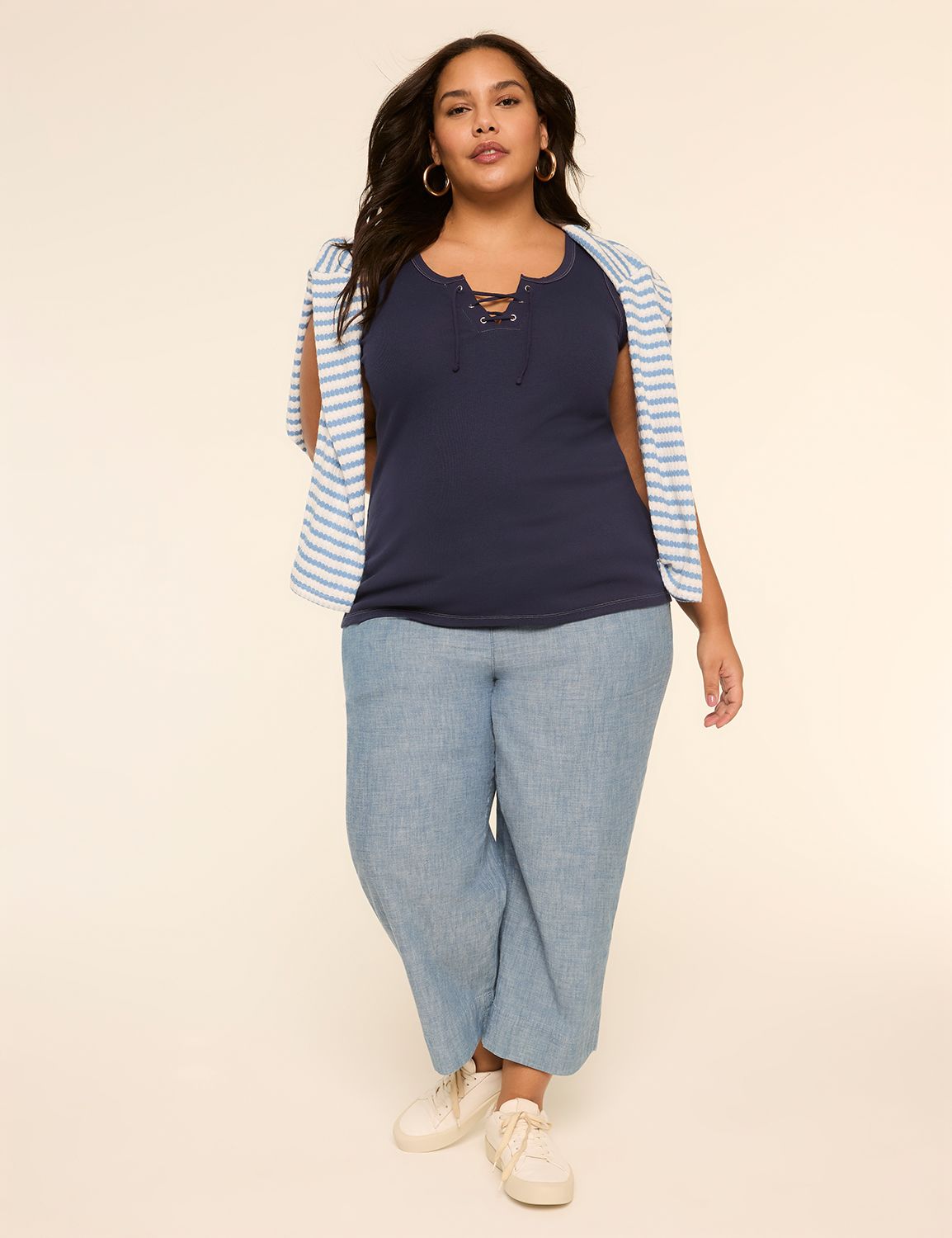 Sleeveless Lace Up Placket Rib Tank Product Image 3