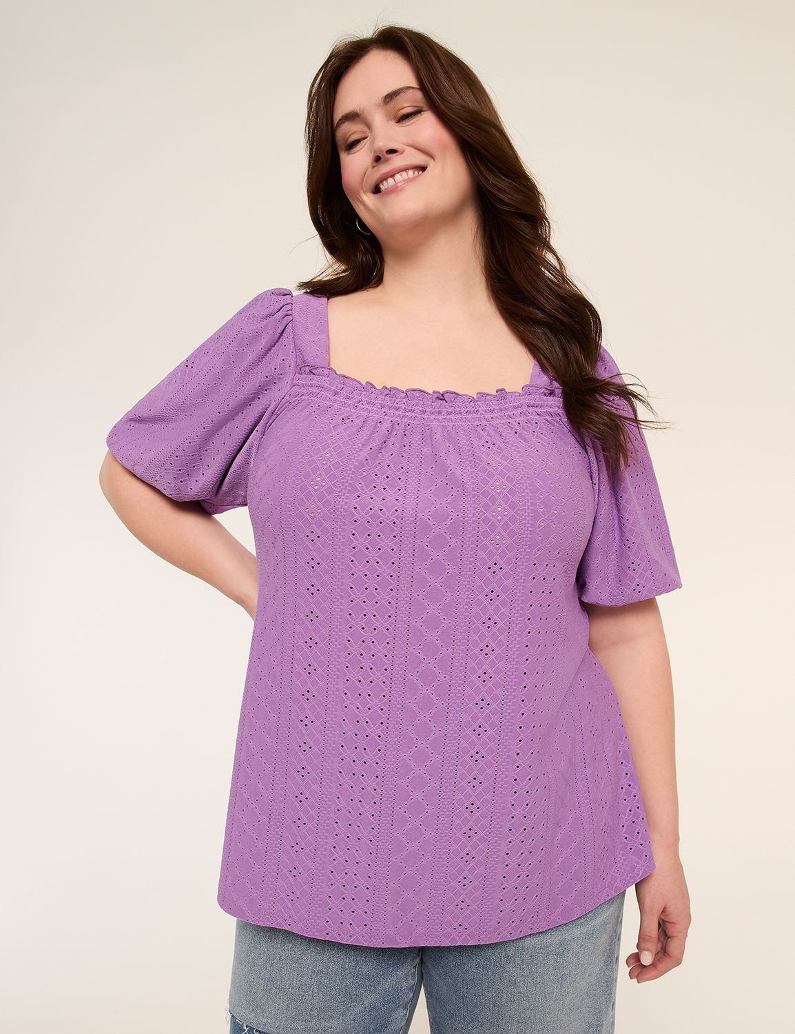 Knit Eyelet Bubble-Sleeve Top