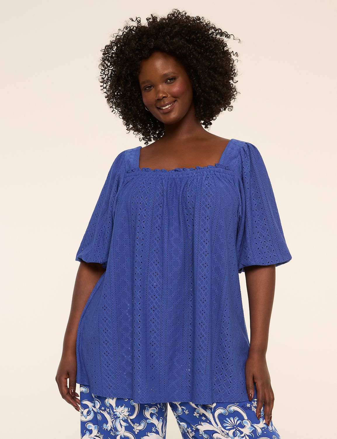 Knit Eyelet Bubble-Sleeve Top
