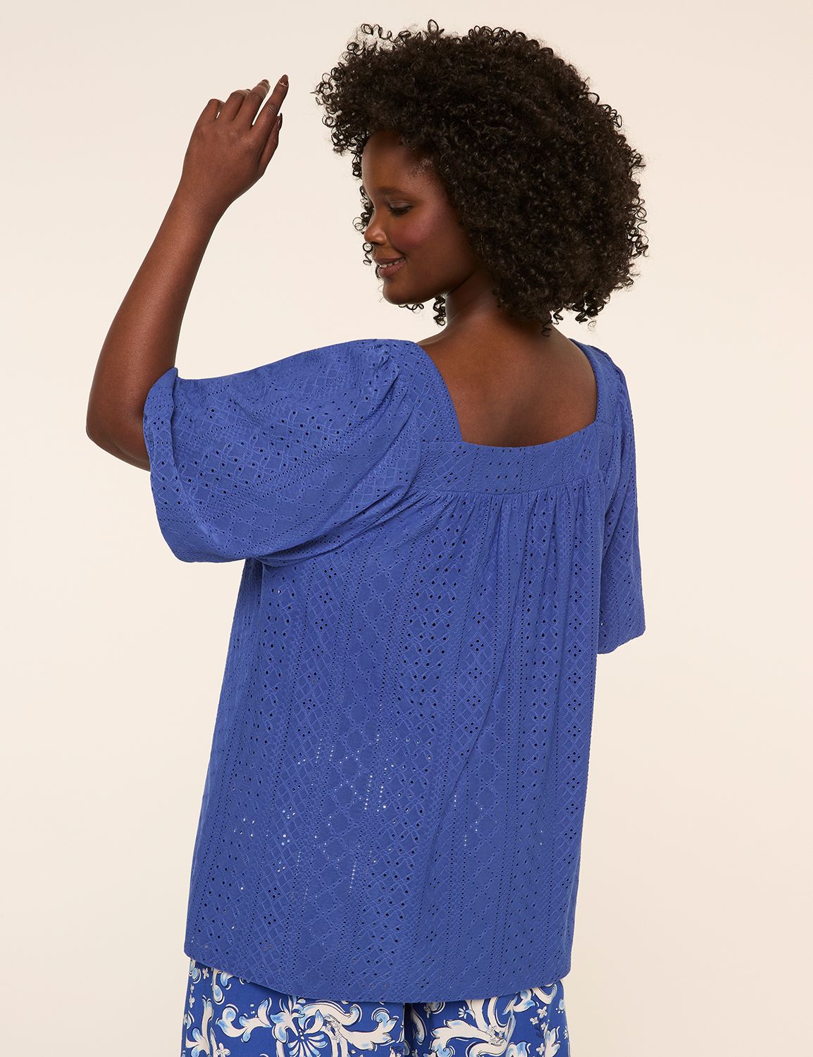 Knit Eyelet Bubble-Sleeve Top