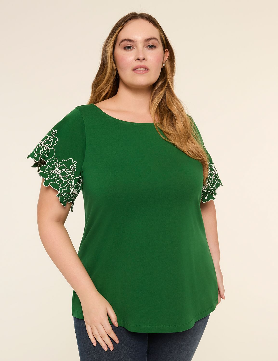 Embroidered Short-Sleeve Boat-Neck Top