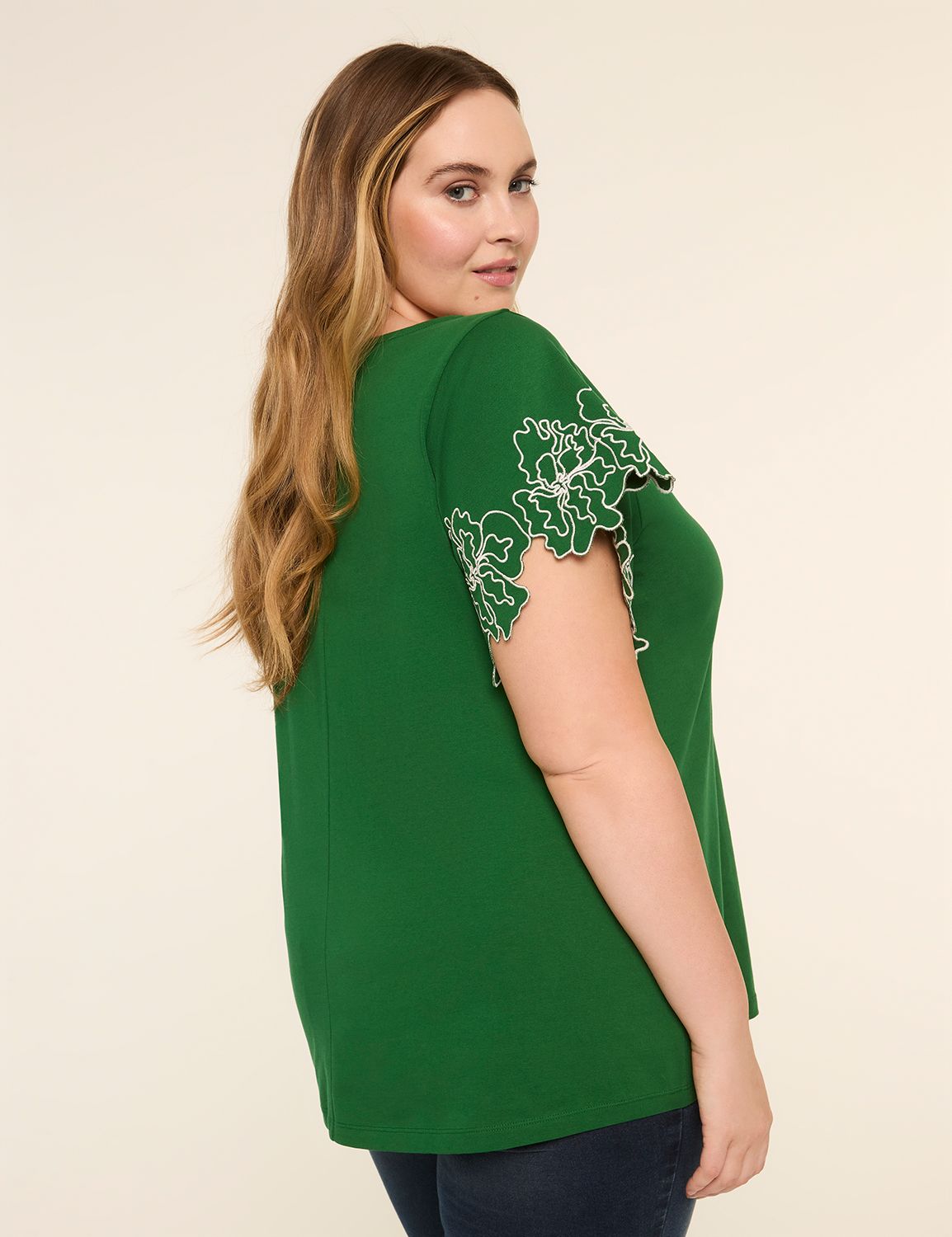 Embroidered Short-Sleeve Boat-Neck Top
