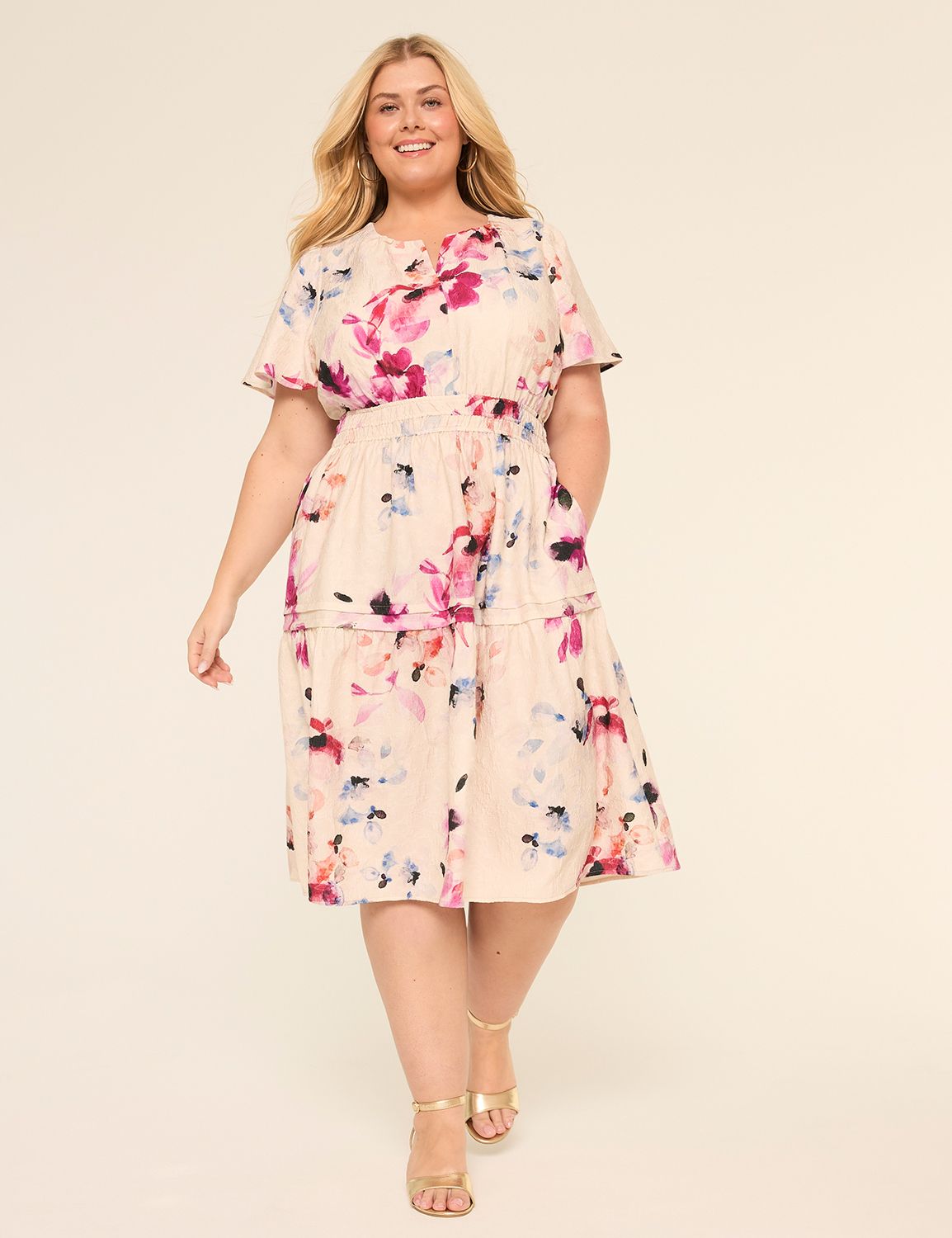 Surplice Neck Smocked Waist Tiered Textured Dress