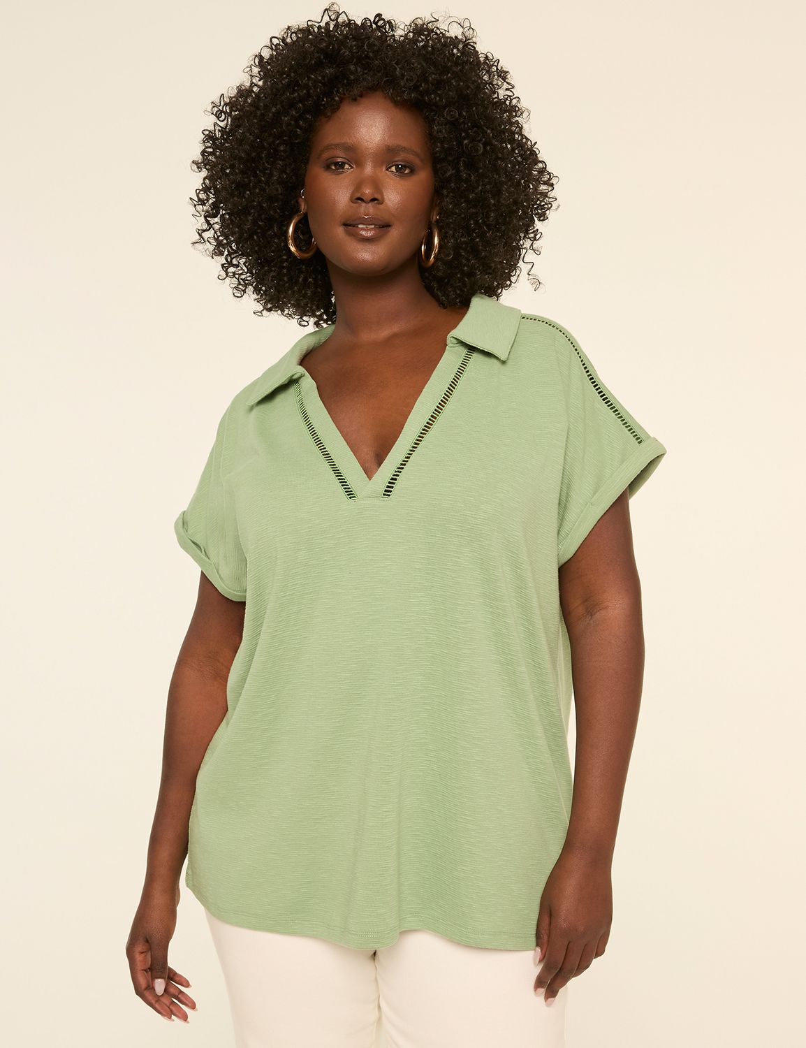 Dolman-Sleeve Collared V-Neck Top