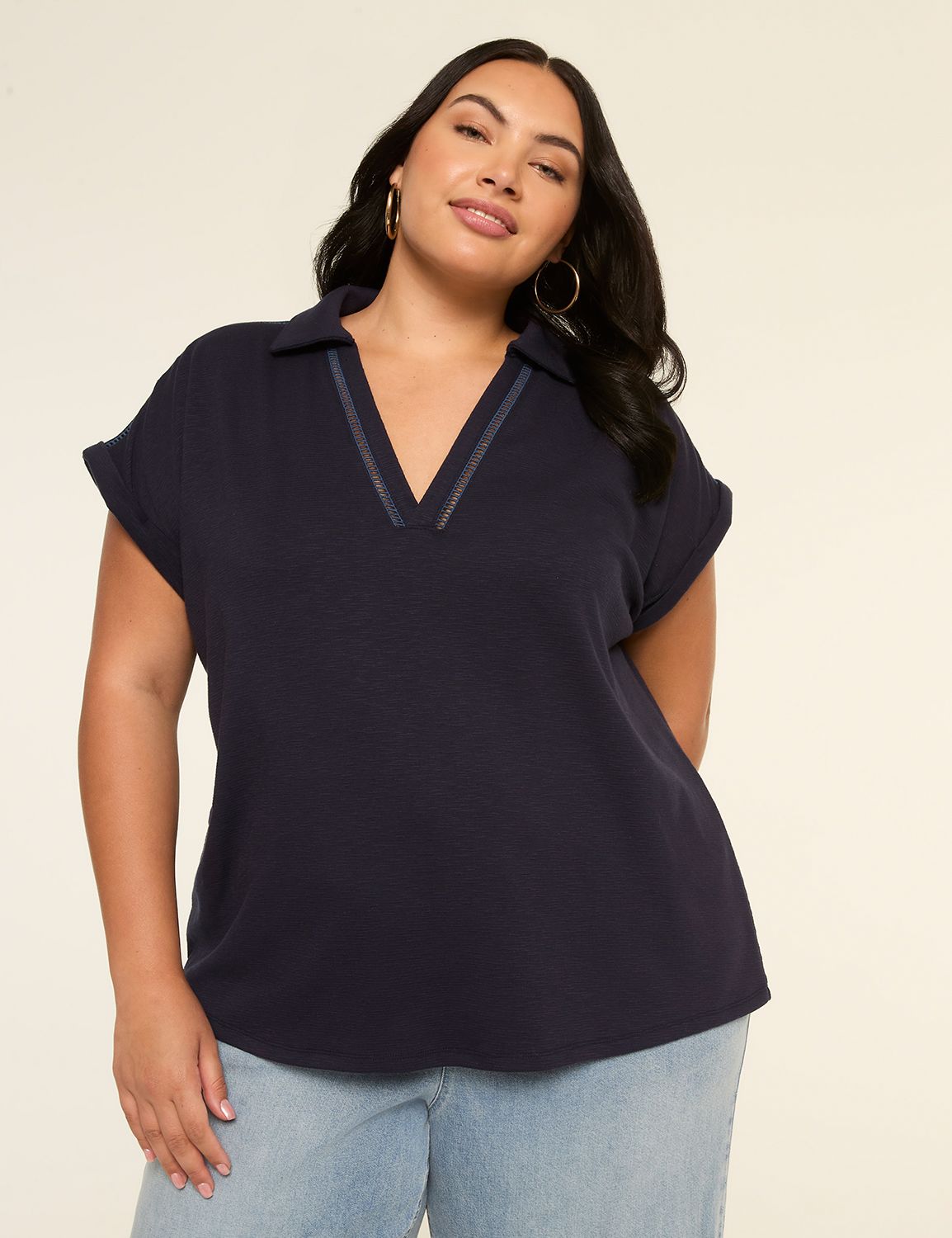 Dolman-Sleeve Collared V-Neck Top