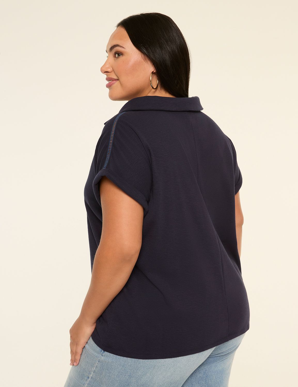 Dolman-Sleeve Collared V-Neck Top