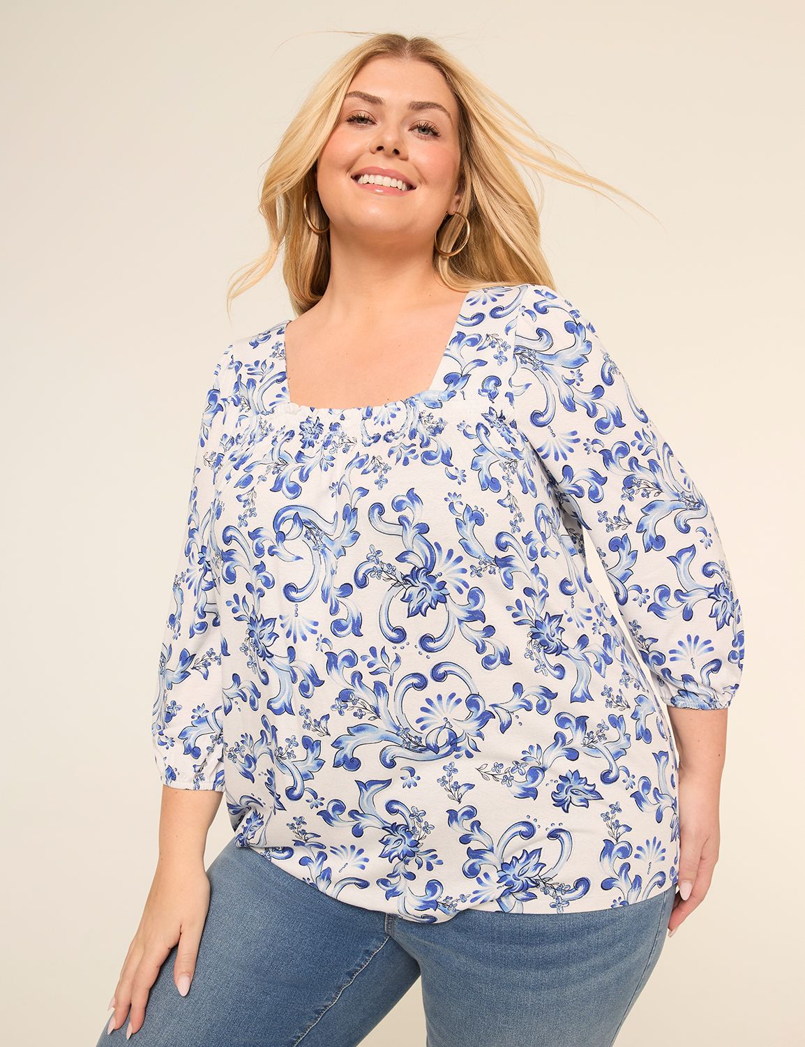 3/4 Blouson-Sleeve Smocked Square-Neck Blouse