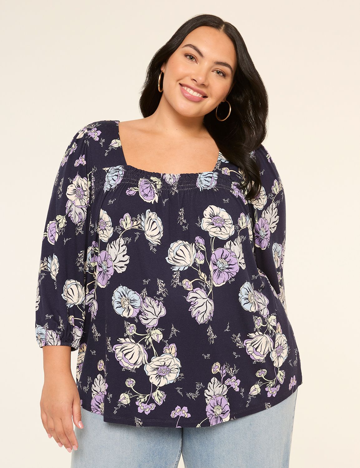 3/4 Blouson-Sleeve Smocked Square-Neck Blouse