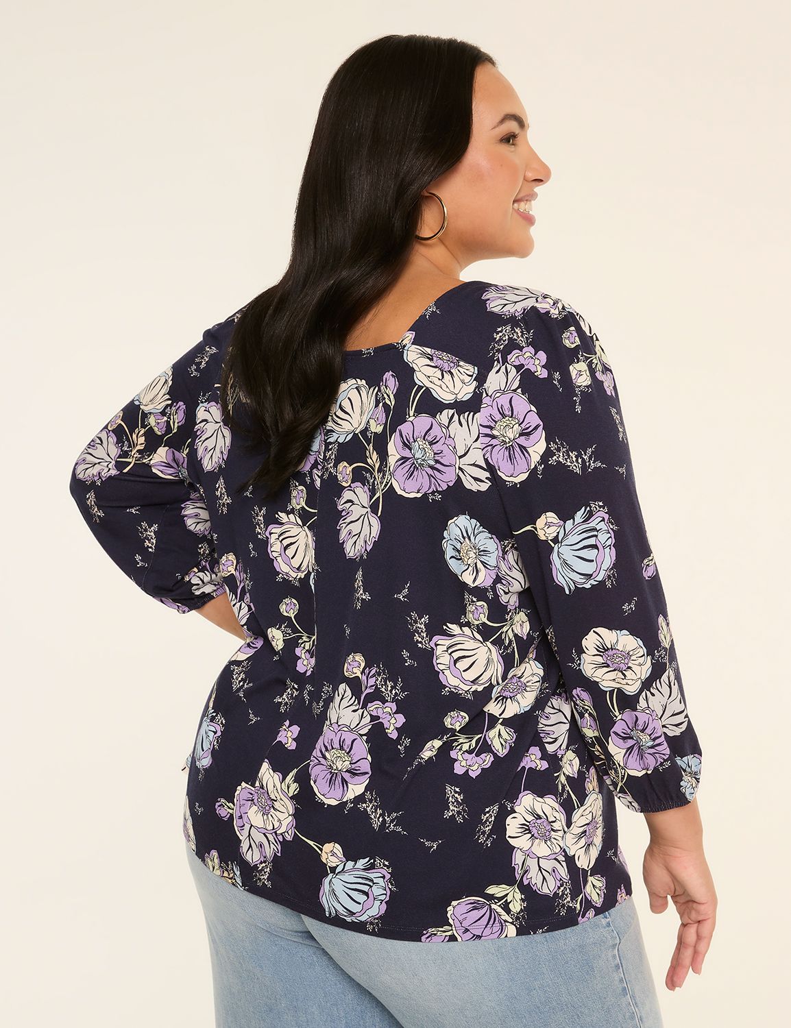 3/4 Blouson-Sleeve Smocked Square-Neck Blouse