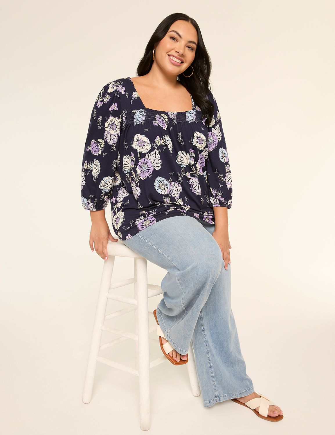3/4 Blouson Sleeve Smocked Square N Product Image 3